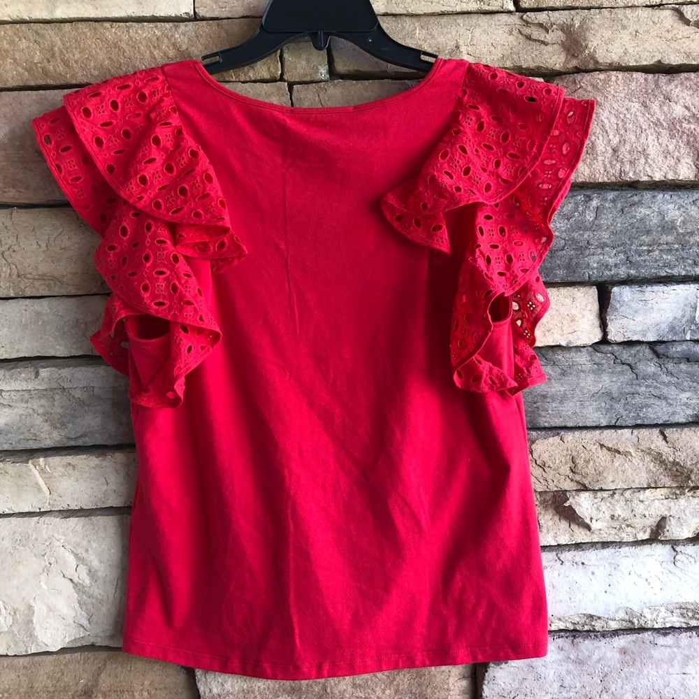 Marc New York Andrew Marc red short ruffle sleeve v-neck blouse top NWT Small - Picture 7 of 8
